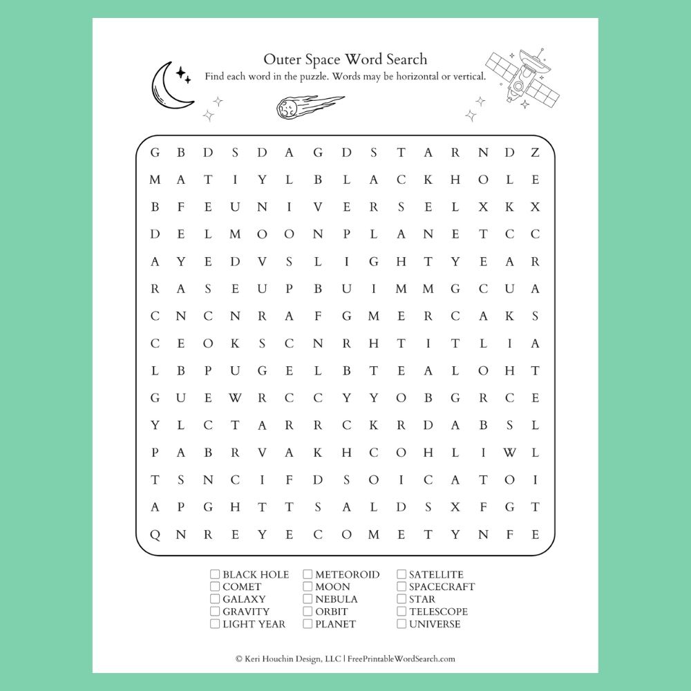 Outer space word search with 15 words hidden in a 15 by 15 grid.