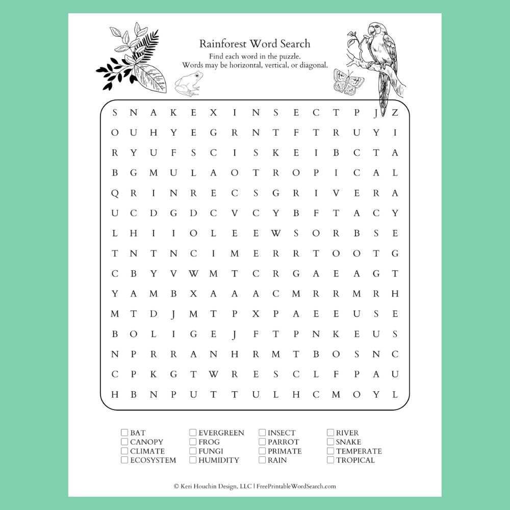 Rainforest word search with 16 words hidden in a 15 by 15 grid.