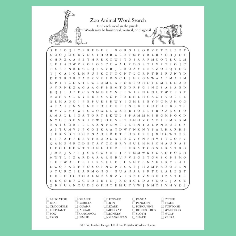 Zoo animal word search with 30 words hidden in a 30 by 30 grid.