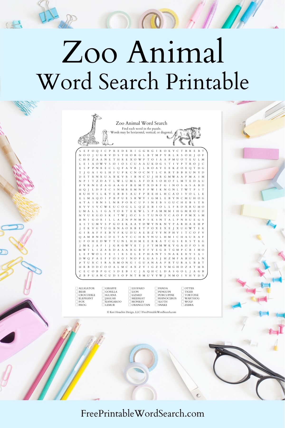 Zoo animal word search printable.