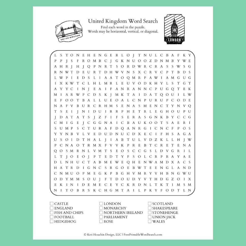 UK word search with 15 words hidden in a 25 by 25 grid.