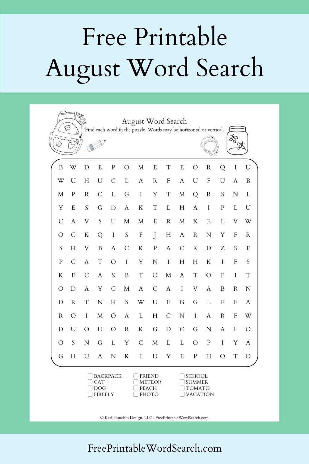 August word search with 12 words hidden in a 15 by 15 grid.