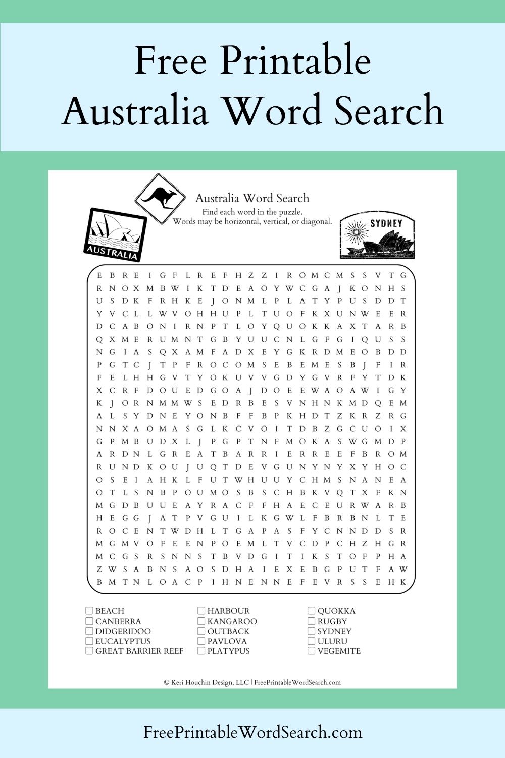 Australia word search with 15 words hidden in a 25 by 25 grid.