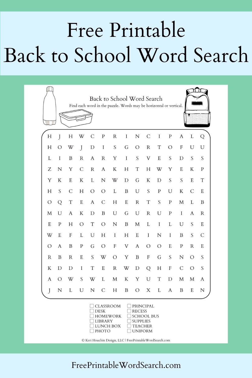 Back to school word search with 12 words hidden in a 15 by 15 grid.