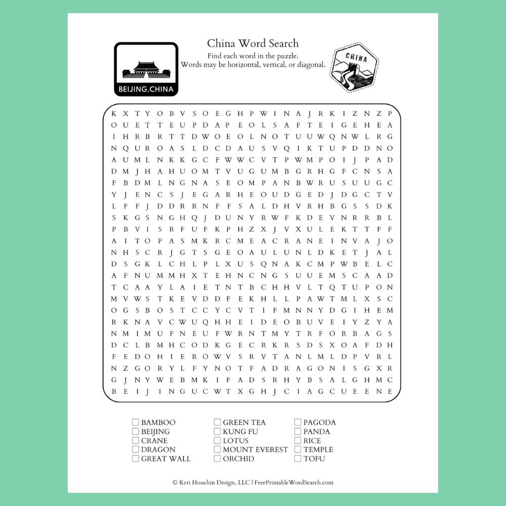 China word search with 15 words hidden in a 25 by 25 grid.