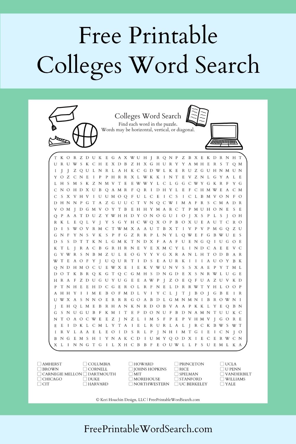 Colleges word search with 25 school names hidden in a 30 by 30 grid.