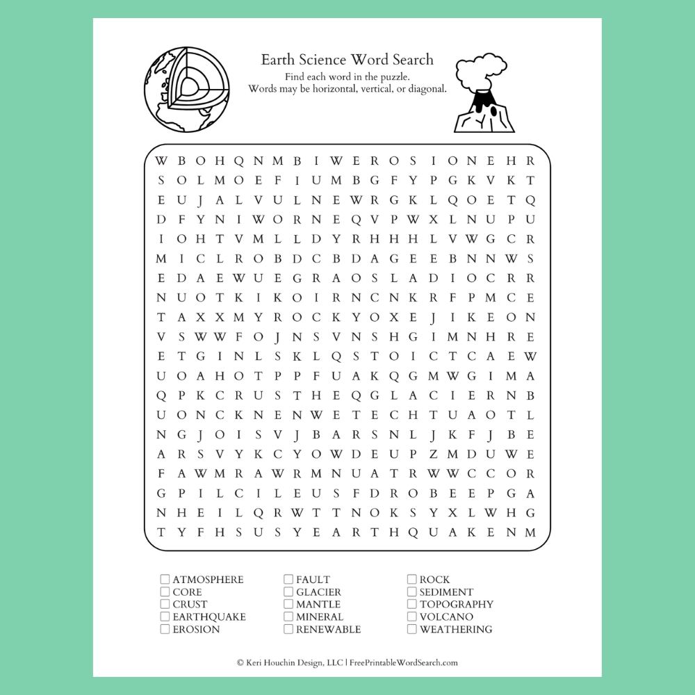Earth science word search with 15 words in a 20 by 20 grid.