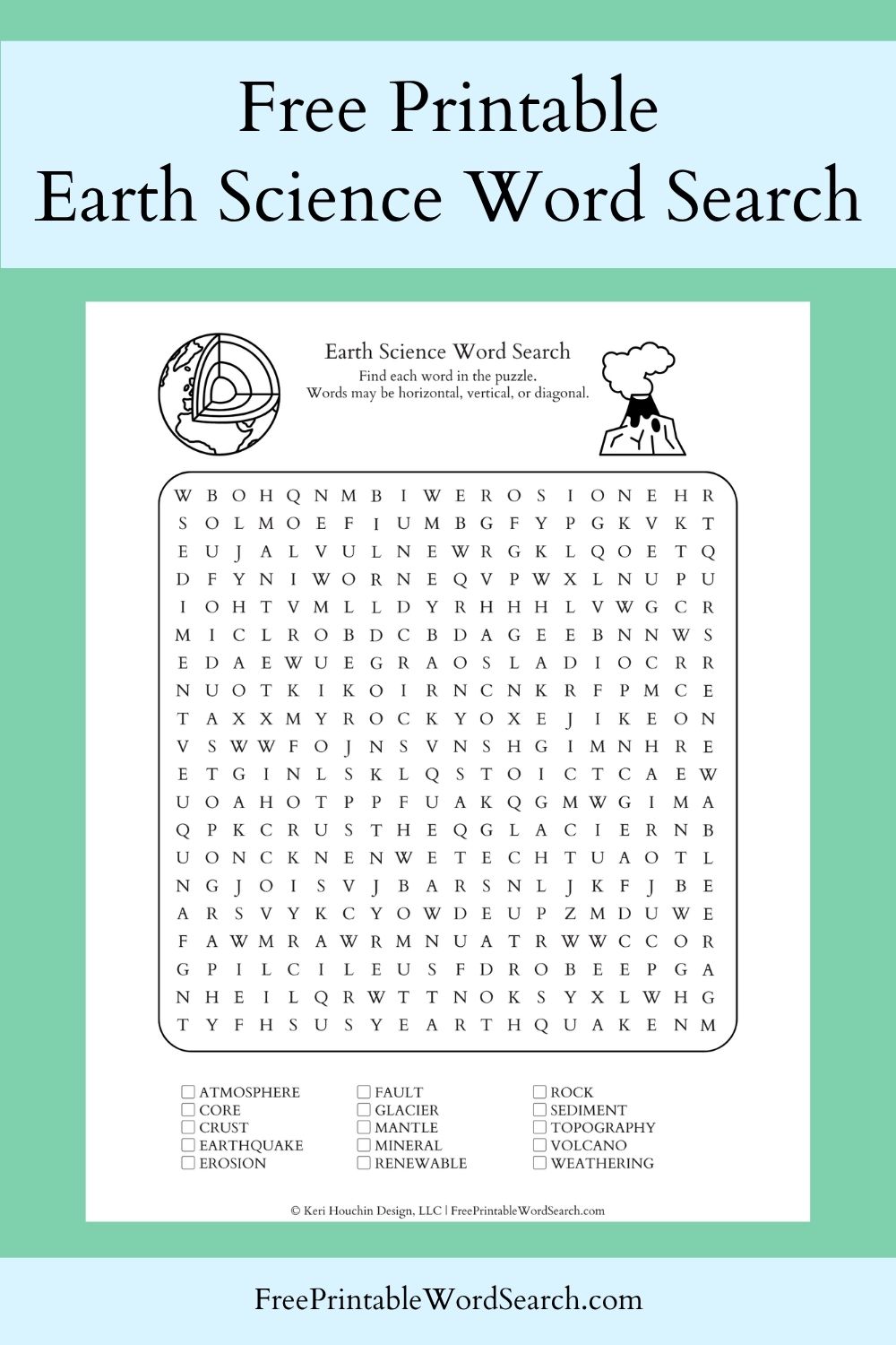 Earth science word search with 15 words in a 20 by 20 grid.