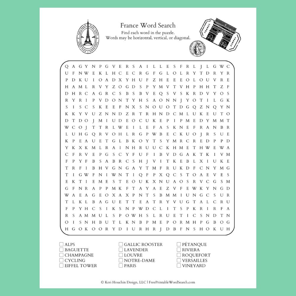 France word search with 15 words hidden in a 25 by 25 grid.