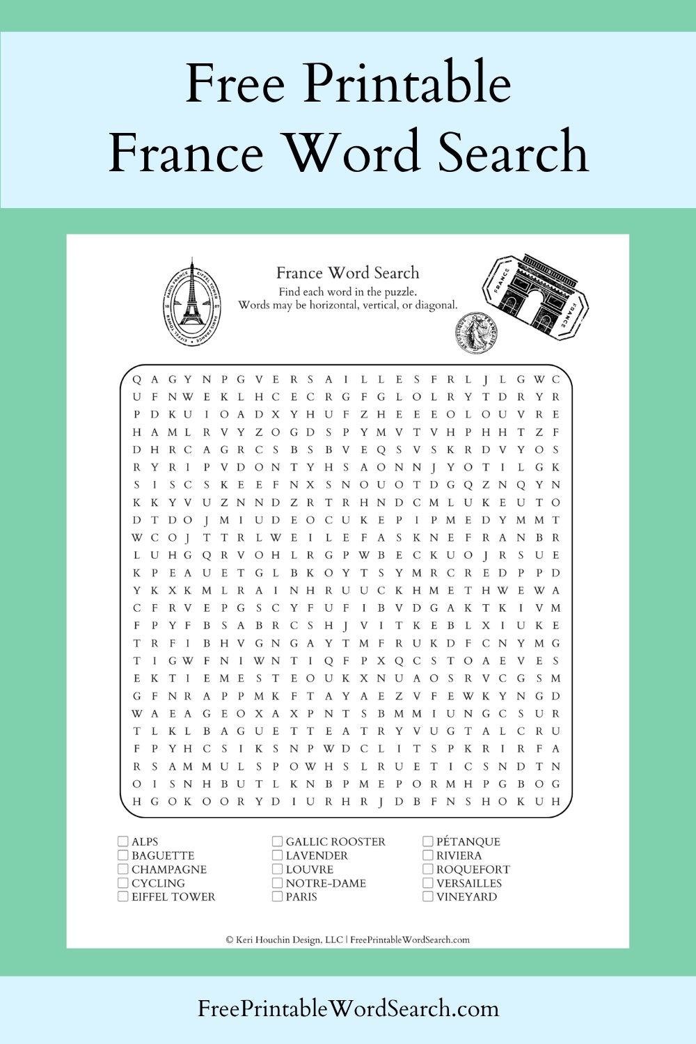 France word search with 15 words hidden in a 25 by 25 grid.