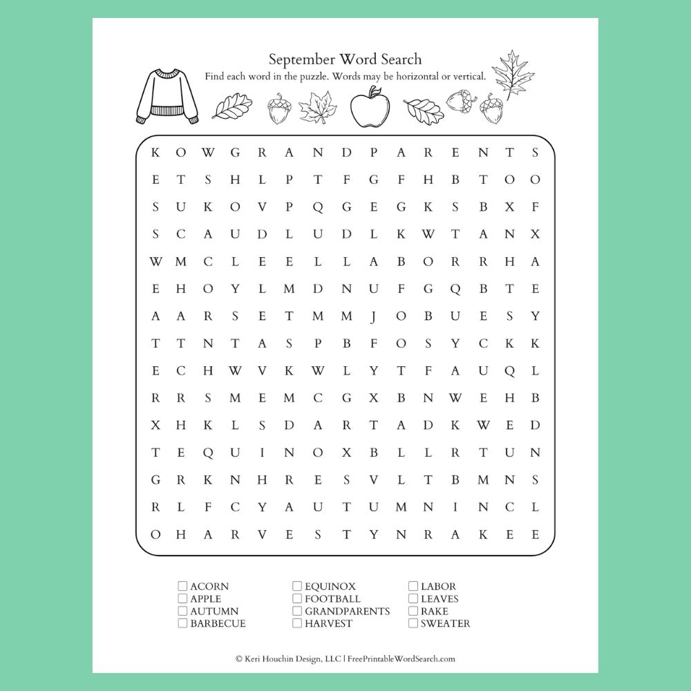 September word search with 12 words hidden in a 15 by 15 grid.