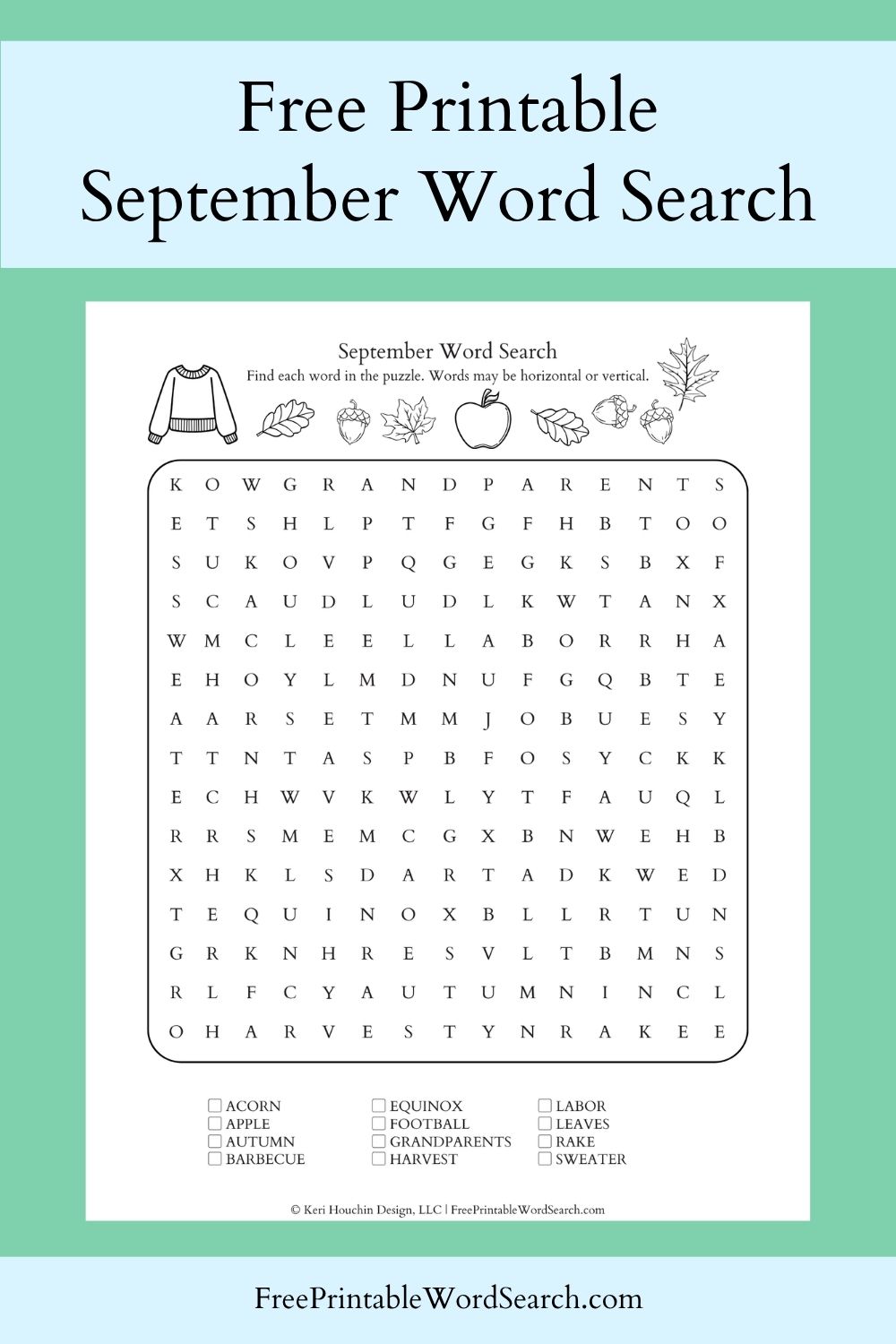 September word search with 12 words hidden in a 15 by 15 grid.