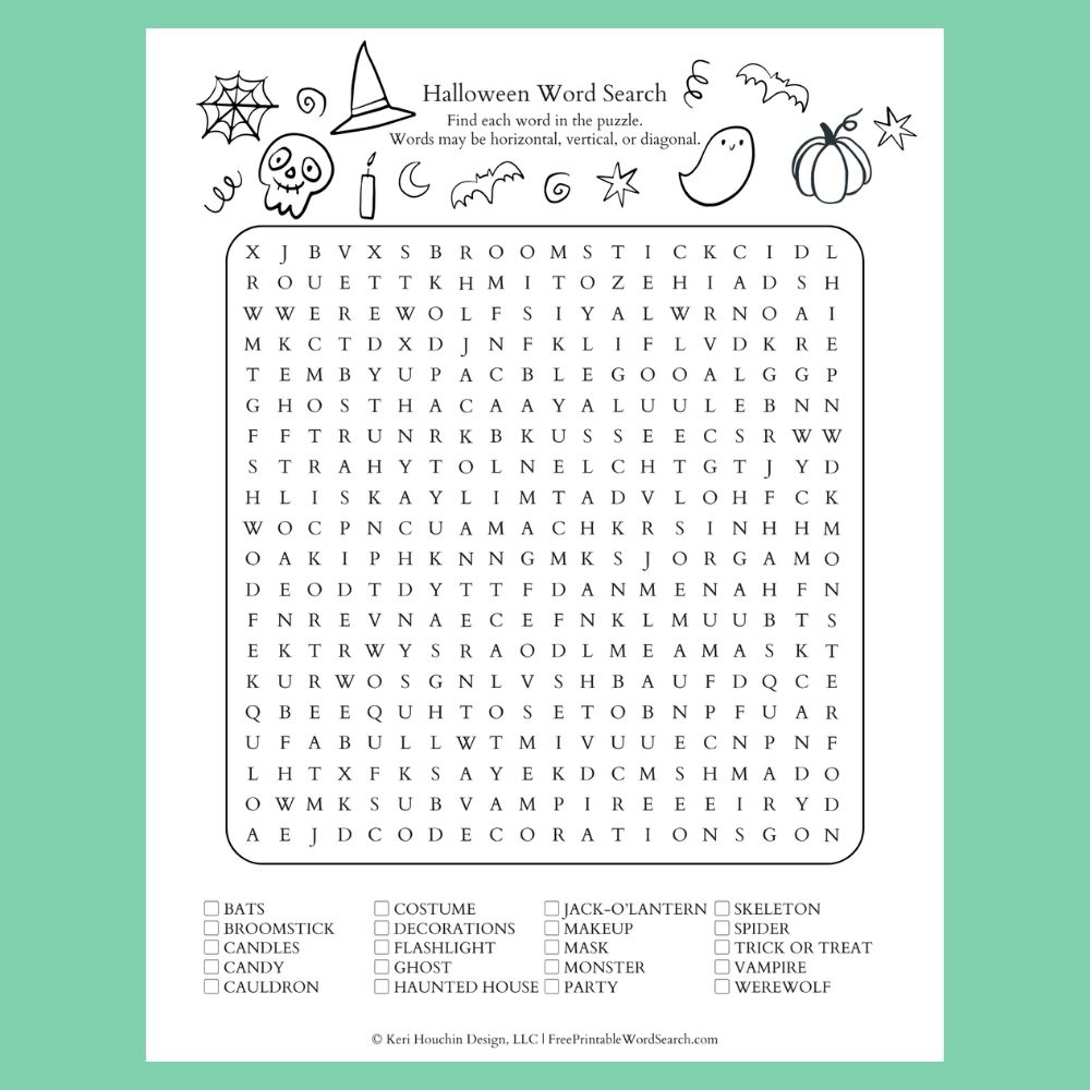 Halloween word search with 20 words hidden in a 20 by 20 grid.