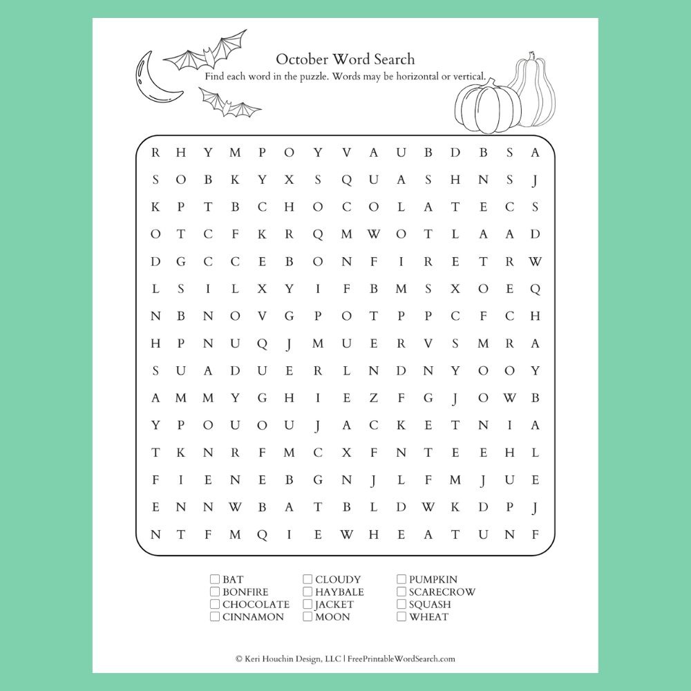 October word search with 12 words hidden in a 15 by 15 grid.