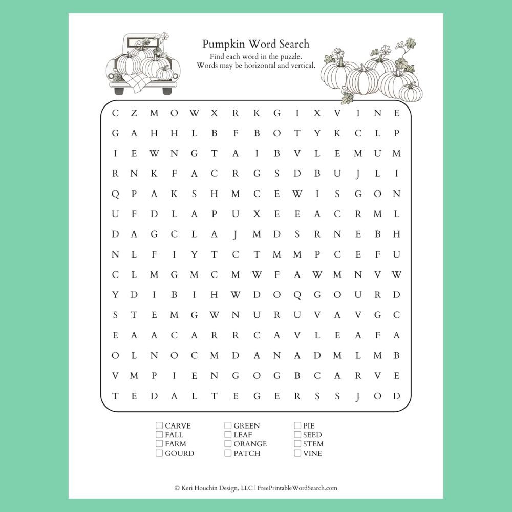 Pumpkin patch word search with 12 words hidden in a 15 by 15 grid.